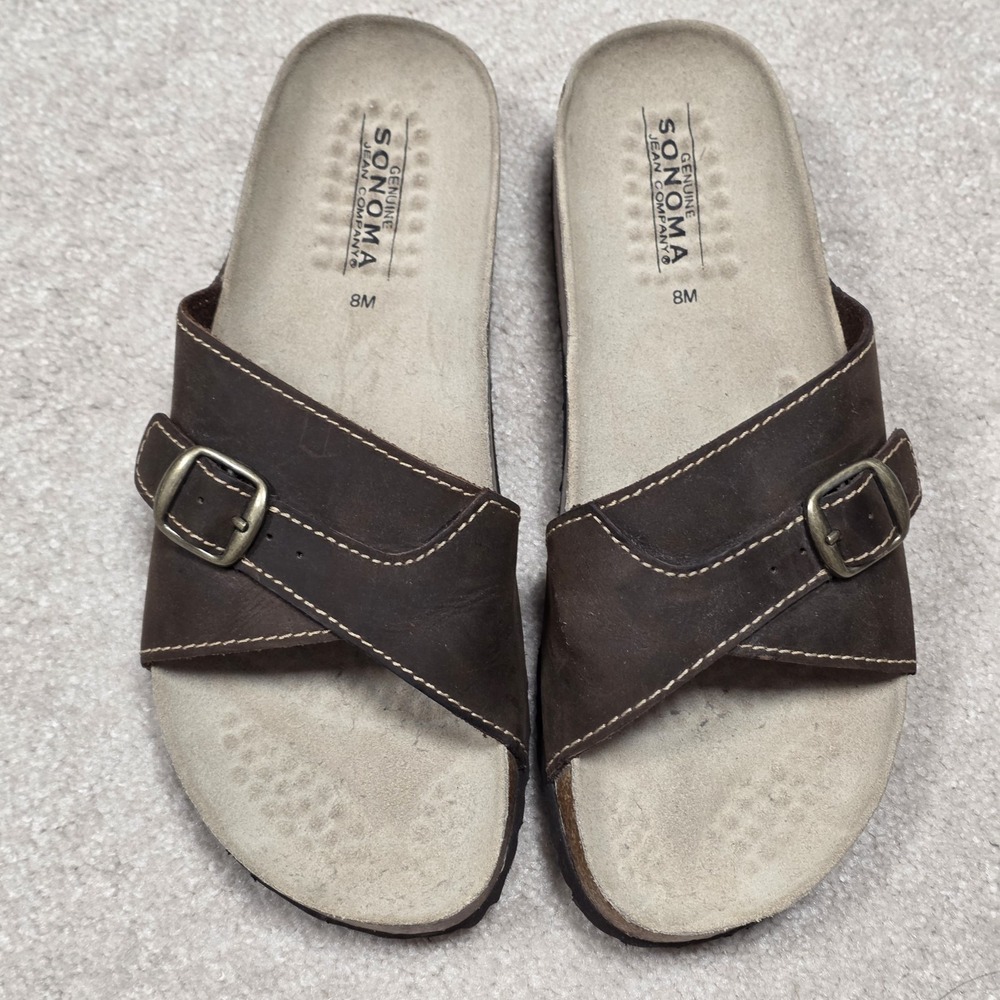 Sonoma Olga Leather Sandals‎ Womens 8 Brown Buckle Berks Single Stap NWOB